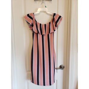 Full circle trends vertical stripe, mauve and navy, above knee dress, size M